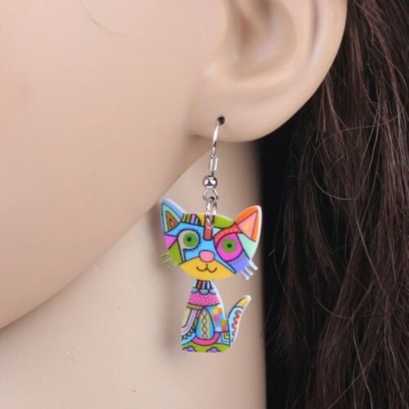 Colorful Blue MULTI-COLOR Acrylic Cat Earrings - Picture 2 of 3